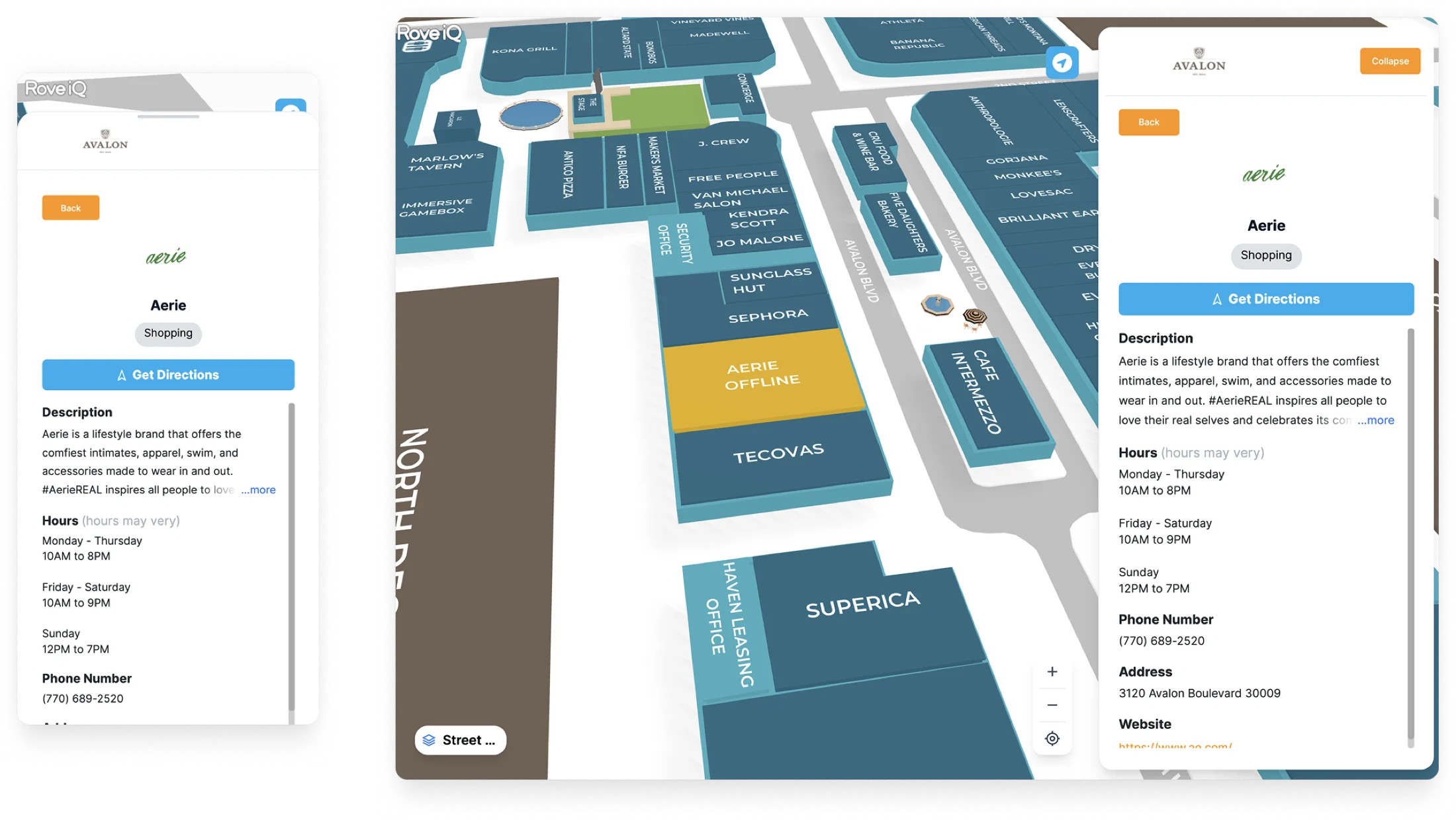 RoveiQ location detail view across mobile and desktop